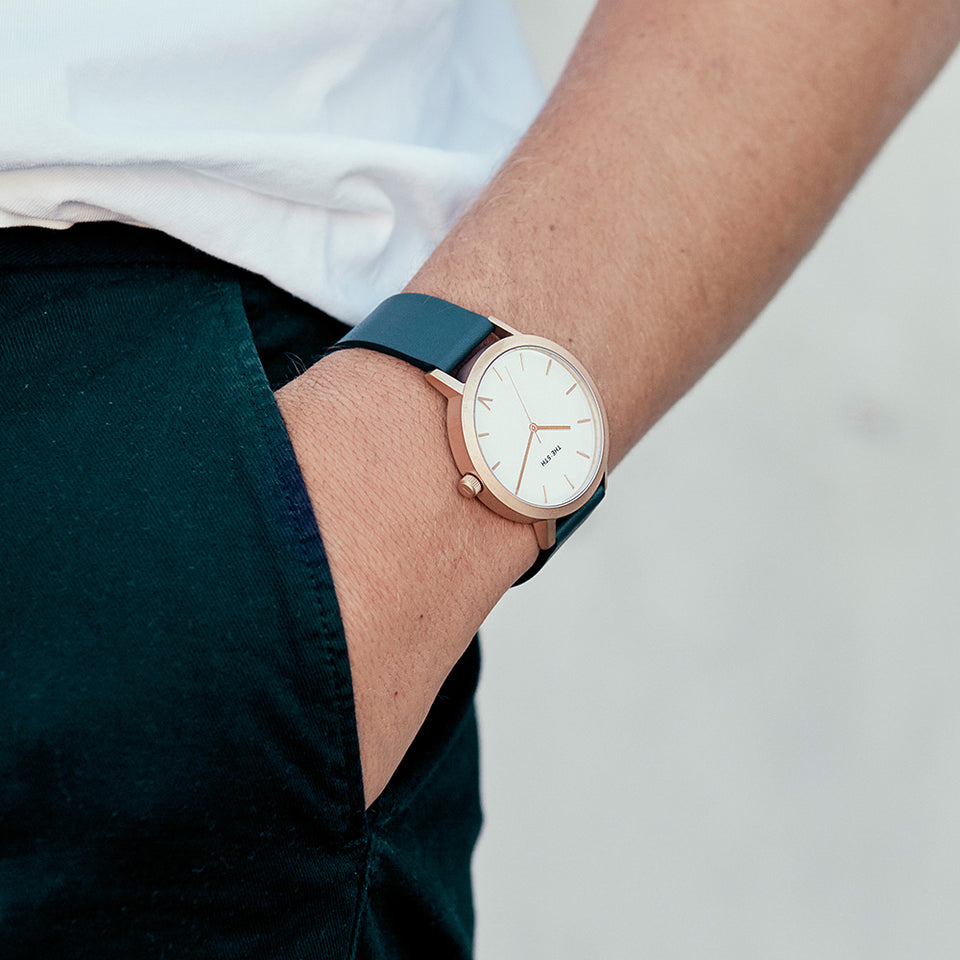 navy and rose gold mens watch