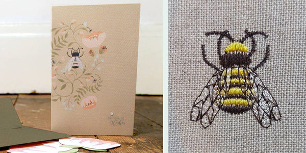 Card with original bee drawing and embroidered bee by Kate Sproston Design