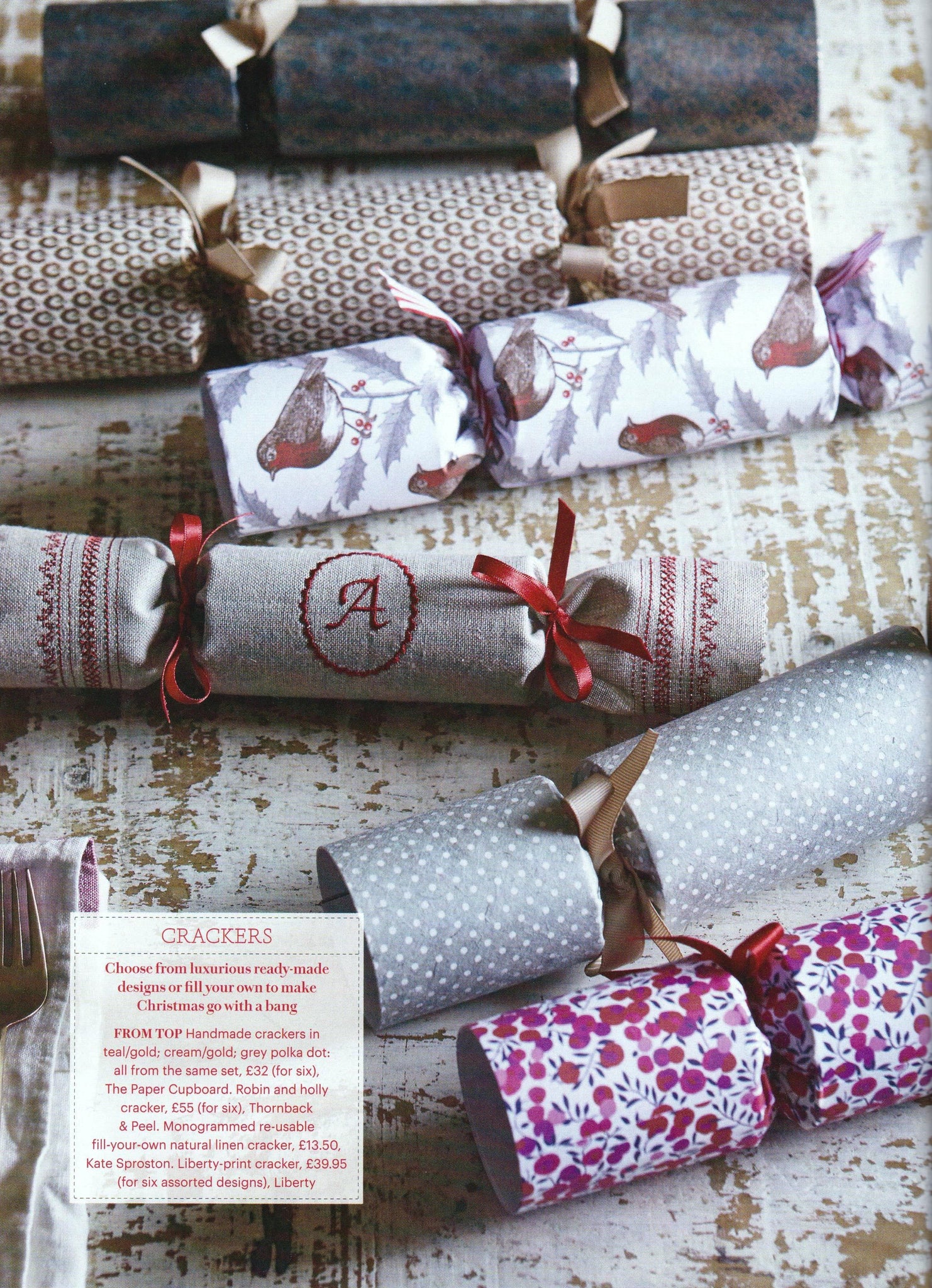 Natural linen monogrammed reusable Christmas crackers by Kate Sproston Design as featured in Country Living Magazine December 2016