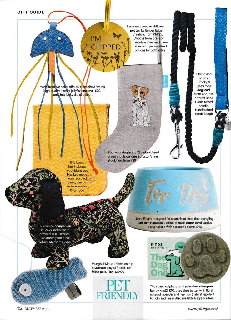 Kate Sproston Design Linen Dog Christmas Stocking in Country Living Magazine December 2023