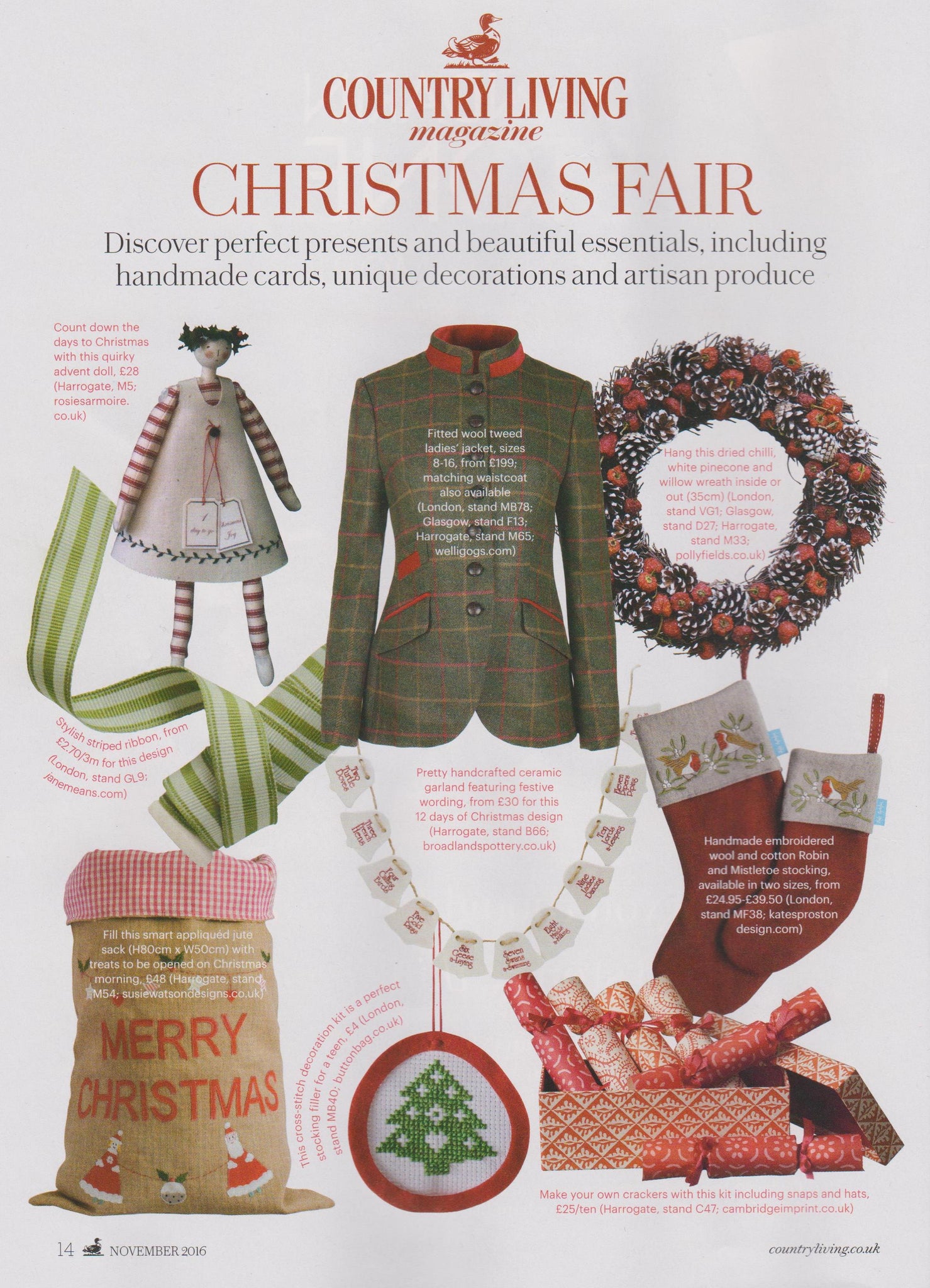 Robin and mistletoe Christmas stockings by Kate Sproston Design as featured in Country Living Magazine November 2016