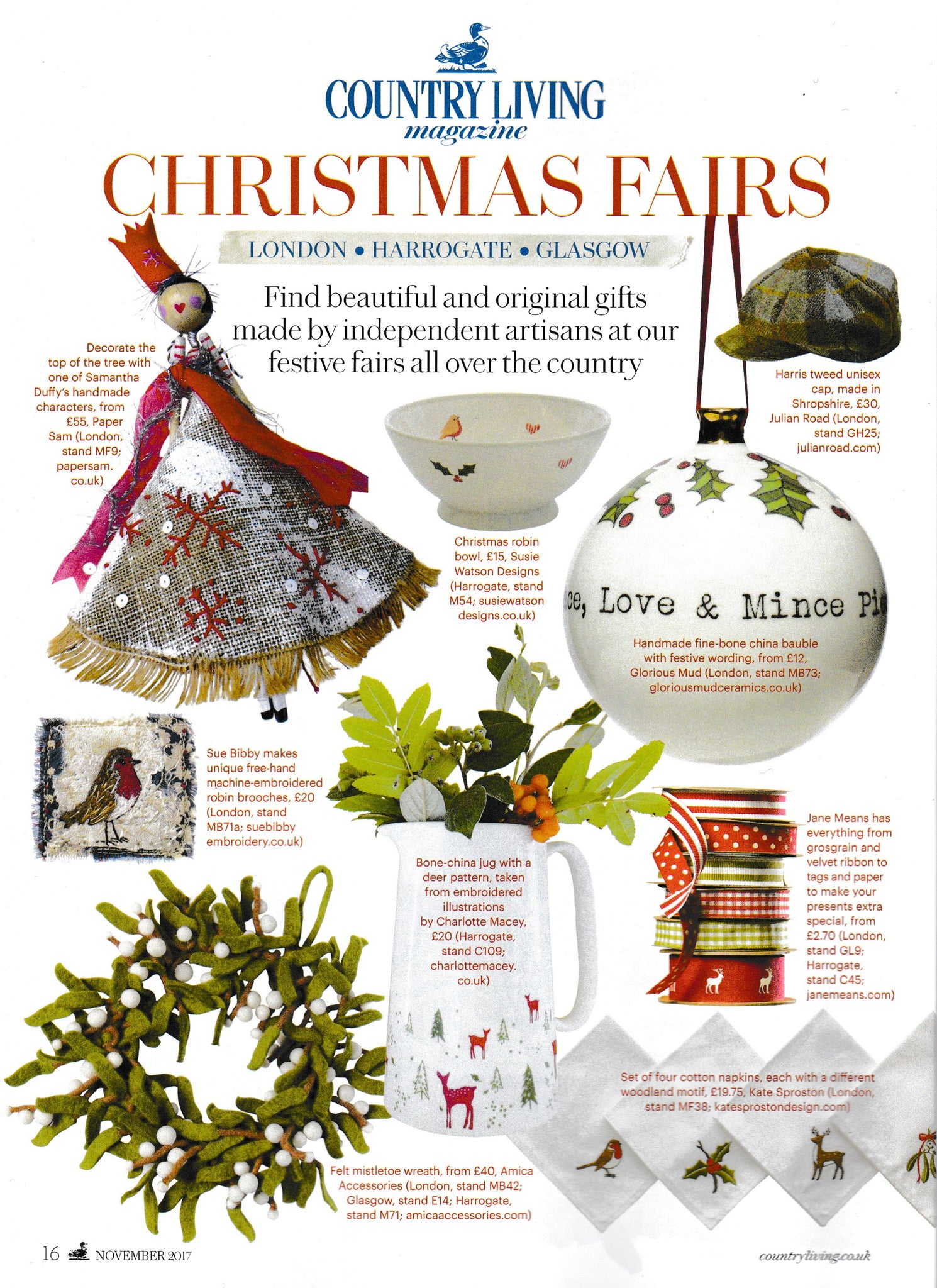 Ivory cotton woodland cocktail napkins by Kate Sproston Design as featured in Country Living Magazine November 2017