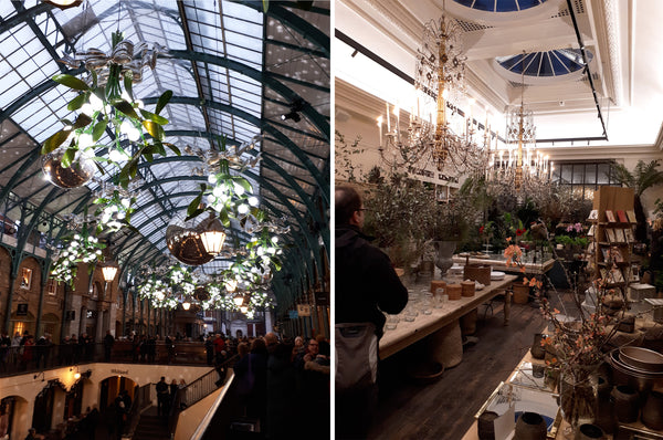 Left: Mirror balls and giant mistletoe at Covent Garden. Right: Inside Petersham Nurseries, Covent Garden.