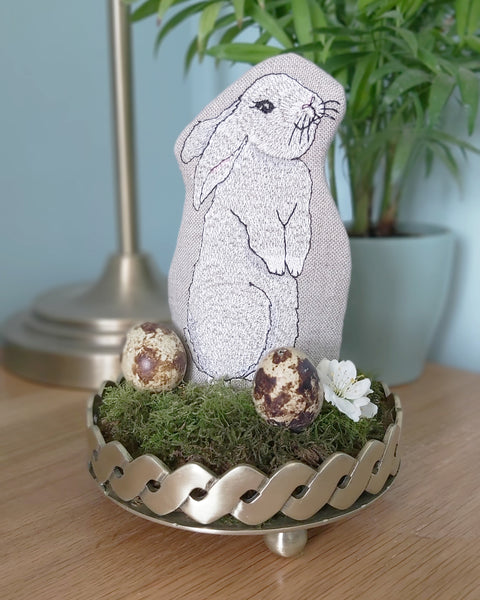 Embroidered rabbit egg cosy Easter decoration by Kate Sproston Design
