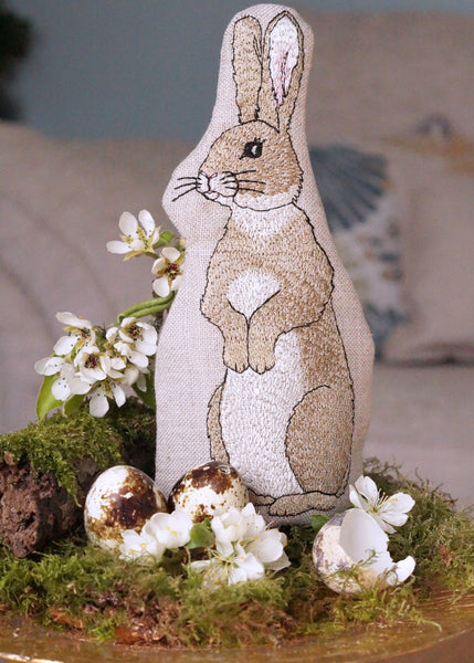 Embroidered rabbit egg cosy Easter display piece by Kate Sproston Design
