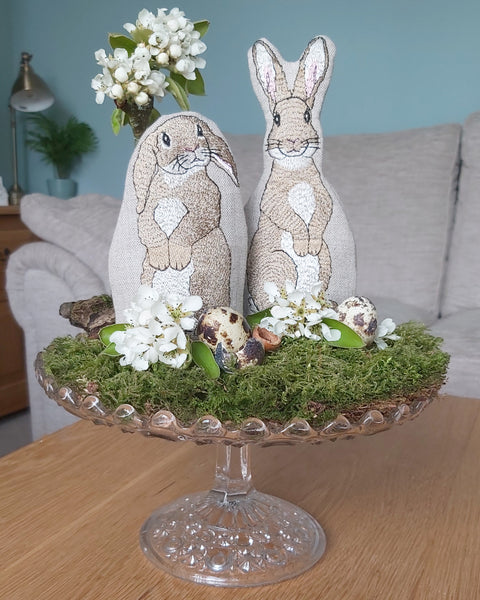 Easter table centre piece featuring embroidered rabbit egg cosies by Kate Sproston Design