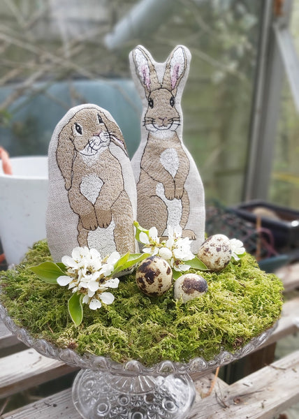 Easter table centre piece featuring embroidered rabbit egg cosies by Kate Sproston Design