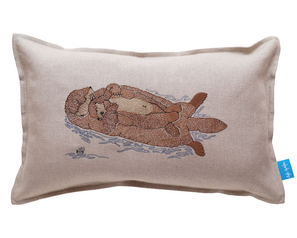 Embroidered sleeping otter mum and pup cushion by Kate Sproston Design