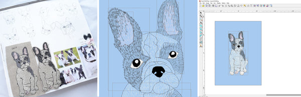 Sketchbook page featuring drawings of French bulldogs and digital images of French bulldogs in embroidery program by Kate Sproston Design