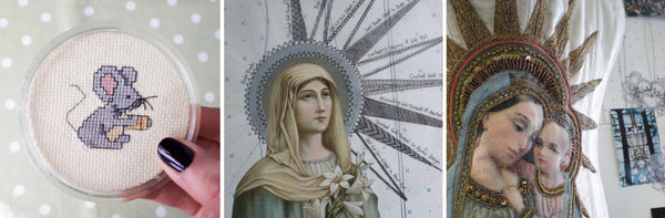 Cross stitch mouse coaster, design drawing featuring the Virgin Mary and the Madonna and child embroidery by Kate Sproston