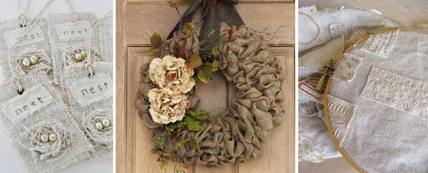 Linen tags, a wreath made from linen scraps and an embroidery hoop with scraps decorated with stitches