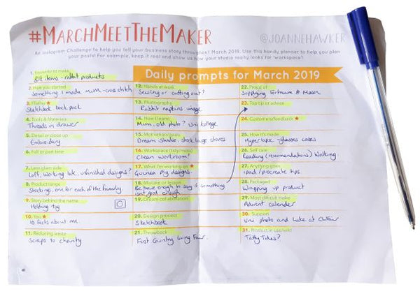 March Meet the Maker prompt sheet with notes and pen