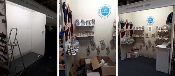 Trade show stand before and after the products and furniture have been installed