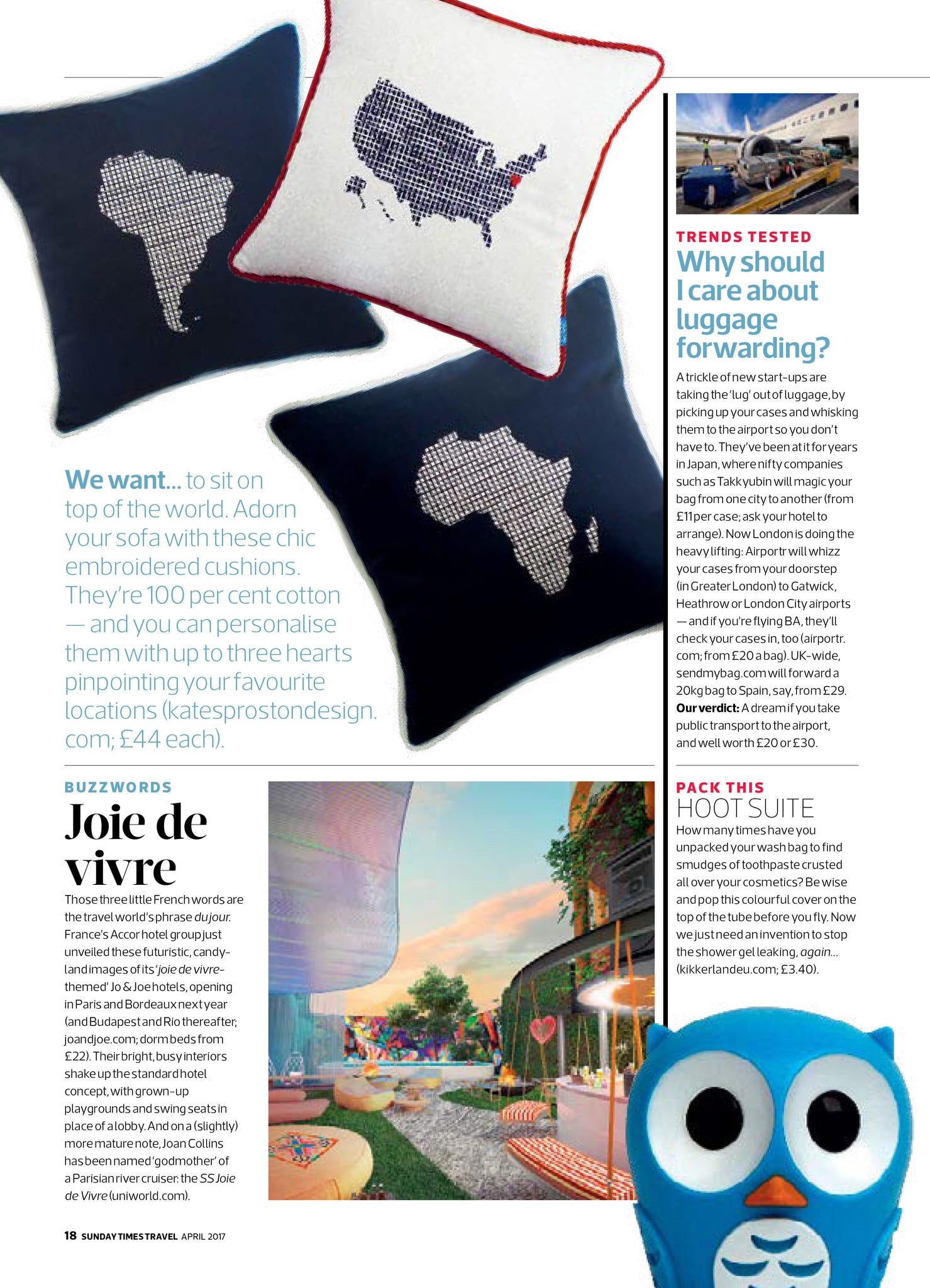 Embroidered countries cushion by Kate Sproston Design as featured in the Sunday Times Travel Magazine April 2017