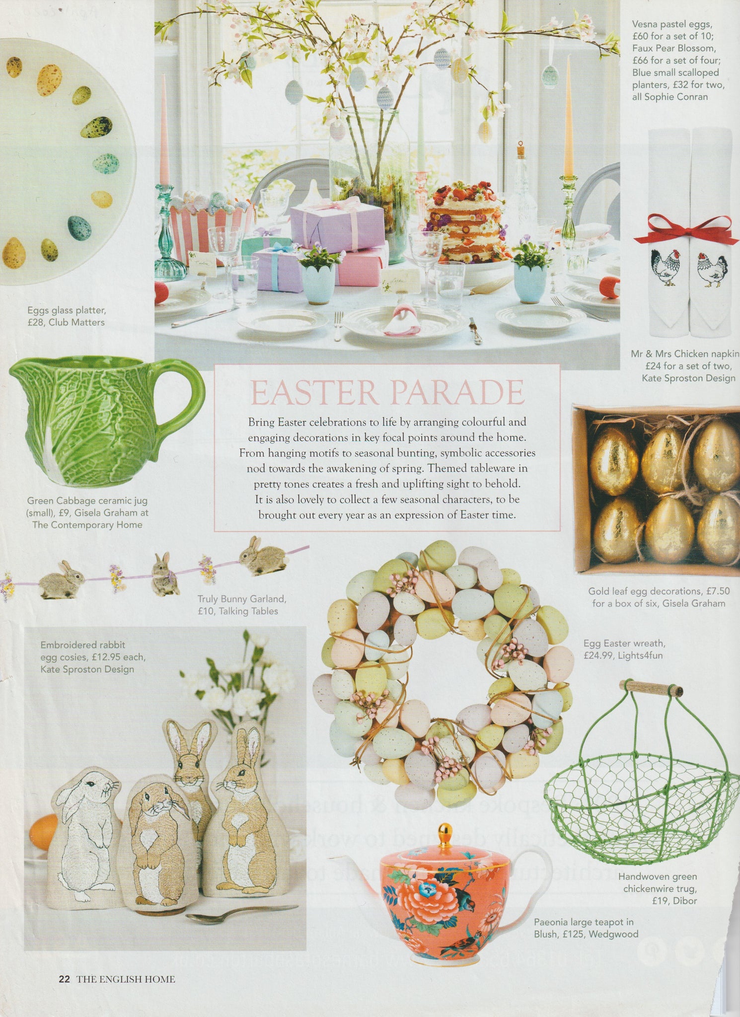 Embroidered rabbit egg cosies and ivory cotton Mr & Mrs chicken napkins by Kate Sproston Design as featured in The English Home Magazine April 2020