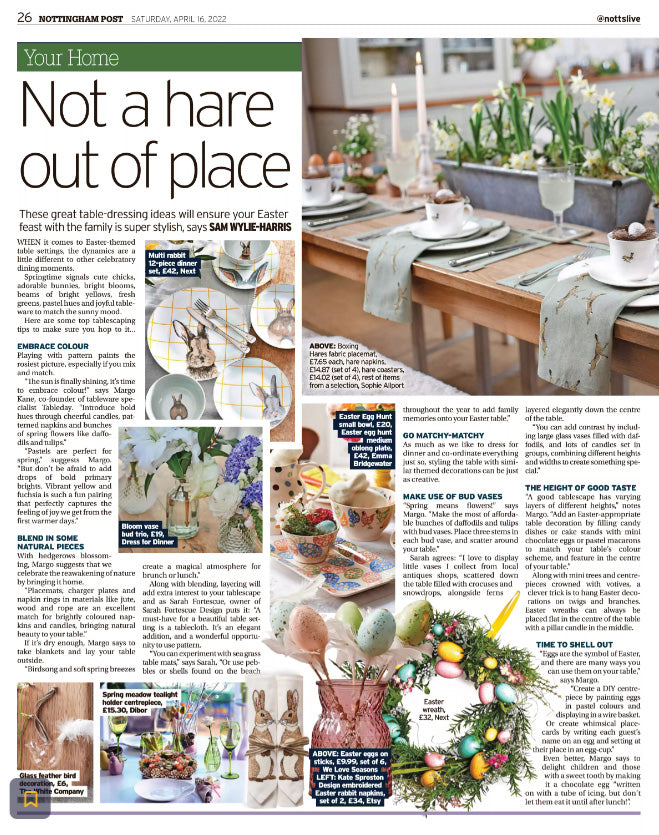 Ivory cotton rabbit napkins by Kate Sproston Design as featured in The Nottingham Post April 2022