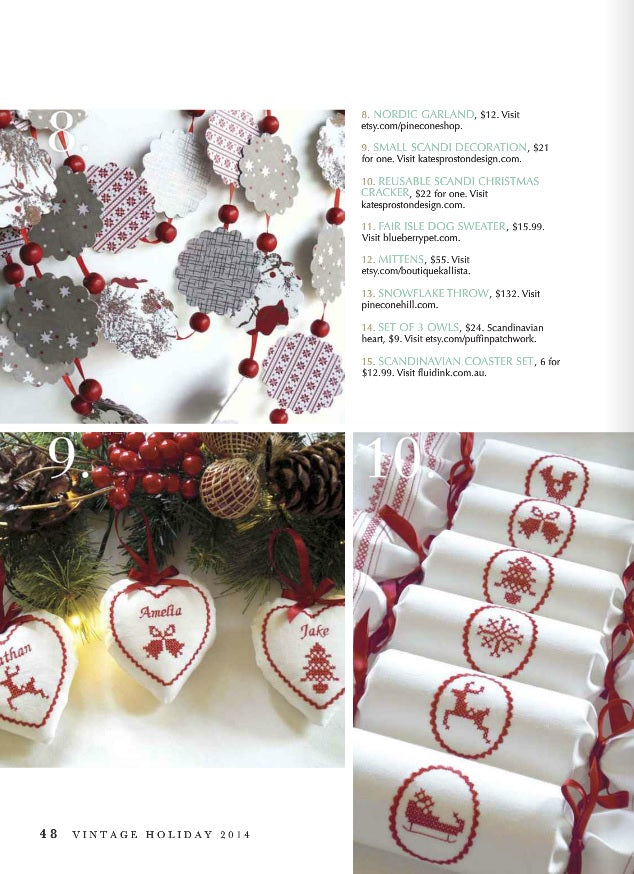 Ivory cotton Scandi reusable Christmas crackers by Kate Sproston Design as featured in Vintage Holiday Magazine 2014