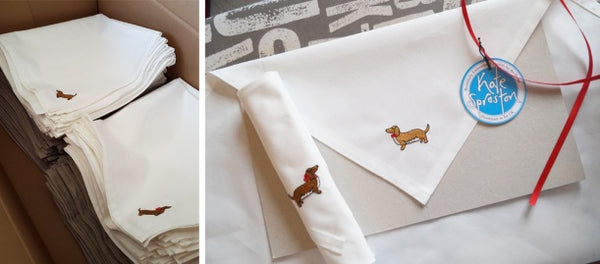 Newly embroidered and ready to be folded with our super technical napkin folding board!