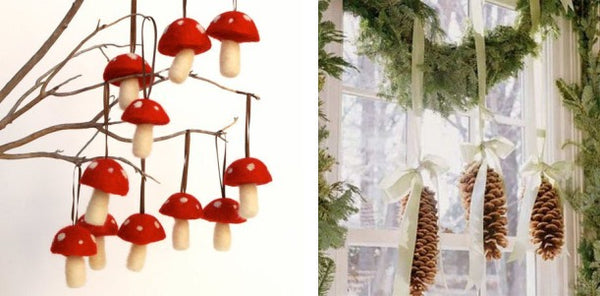 Left: Mushroom Christmas Decorations from Fairy Folk on Etsy. Right: Evergreen Christmas Garland with Pine Cones. Image from pinsofmandy.posterous.com via Pinterest.