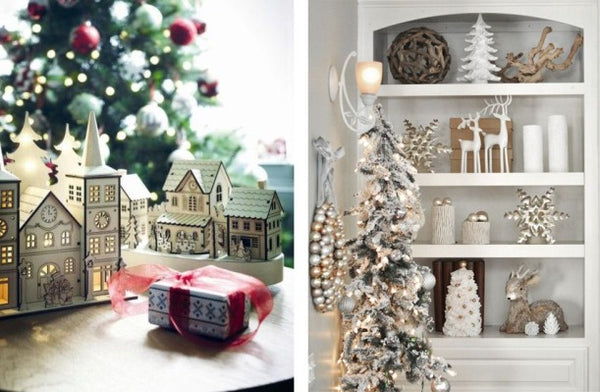 Left: Lazer Cut Wooden Houses. Image from decorazilla.com via Pinterest. Right: Shelves Displaying a mix of Natural Christmas Ornaments with Touches of Gold and Silver. Image from centsationalgirl.com via Pinterest.