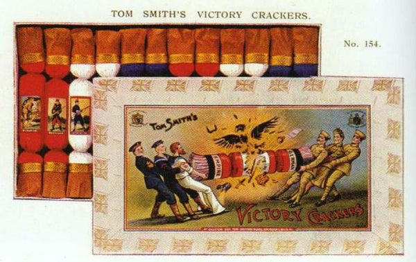 ‘Victory Crackers’ bordered with Union Jack flags and featuring the armed forces. (Image from Tom Smith’s Christmas Crackers An Illustrated History by Peter Kimpton, 2004).