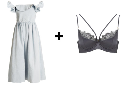 Edge o' beyond Silk and Lace Miline bra paired with Apiece Apart denim sundress available at Matches Fashion