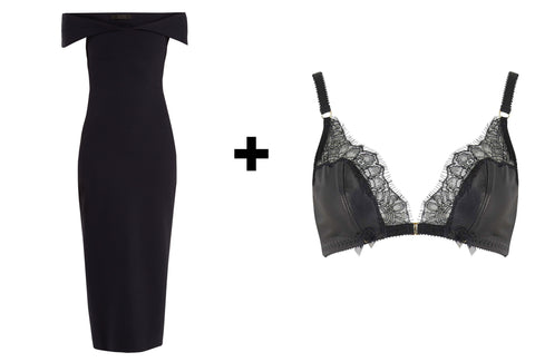 Odile Luxury Leather Lingerie Range is paired with little black dress for evening look