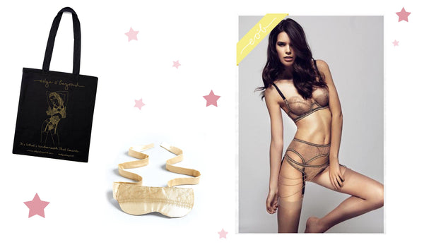 Edge o' Beyond Christmas gift lingerie guide for gentlemen. Featuring eye mask and tote bag with bra and suspender belt