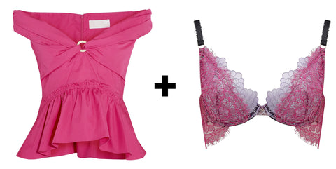Edge o' Beyond Luxury Lingerie Tamia shown in date night look with Peter Pilotto Fuchsia top available at Net-a-porter