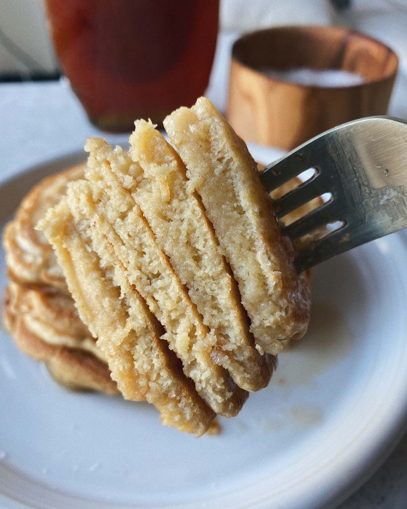 Sourdough pancake pieces on fork