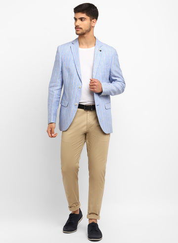 Blue Linen Check Notch Collar Jacket