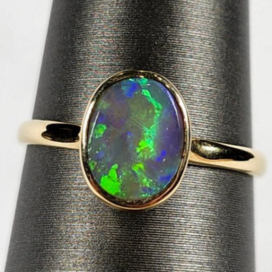 Sola | Australian Black Crystal Opal Ring | 14kt Yellow Gold