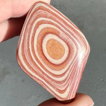 Load image into Gallery viewer, A polished piece of pinkish red picture jasper.  The stone displays a bull&#39;s eye pattern.
