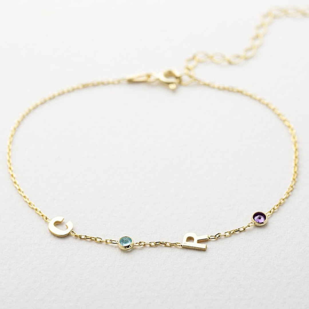 14K Solid Gold Birthstone Letter Bracelet - silveristicjewelry product image