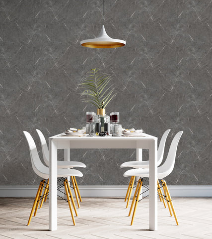 Trendy and Luxurious dining room interior with Pietra Marble Renoboard; Trendy gray interior for 2021