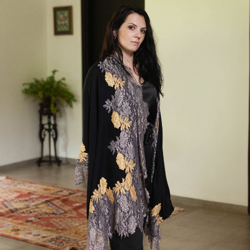 Black Wool And Silk Scarf With Antique Silver And Dk. Gold Double-Color Floral Lace Border.