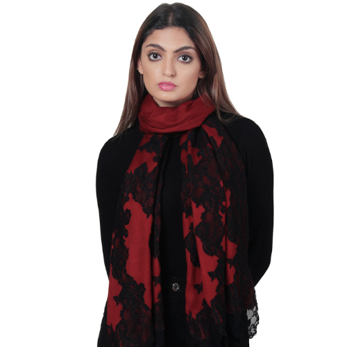 Burgundy Wool And Silk Scarf With Black Floral Lace.