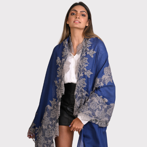 Denim Blue Silk And Wool Scarf With A Mousse Lace Application