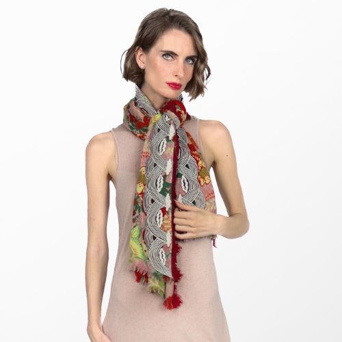 Crane Printed Wool And Silk Scarf With Cloud Embroidery & Red-Grey Filigree Lace