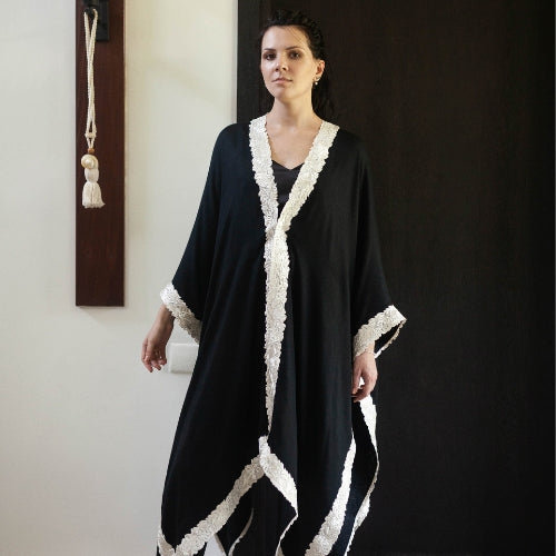 Black Wool And Silk Wrap With An Ivory Floral Embroidery Border