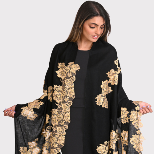 Black Cashmere Scarf With Gold Chantilly Lace