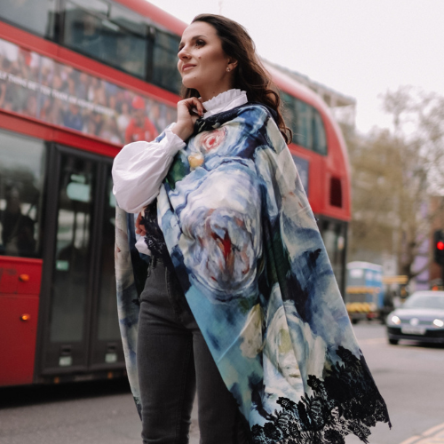 Blue Water Lilies Print Wool And Silk Scarf with a Navy Blue Floral Lace Border