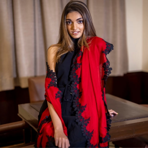 Red Silk And Wool Scarf With A Black Scalloped Lace Border