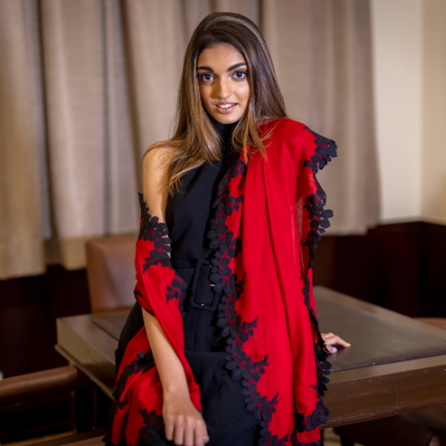 Red Silk And Wool Scarf With A Black Scalloped Lace Border