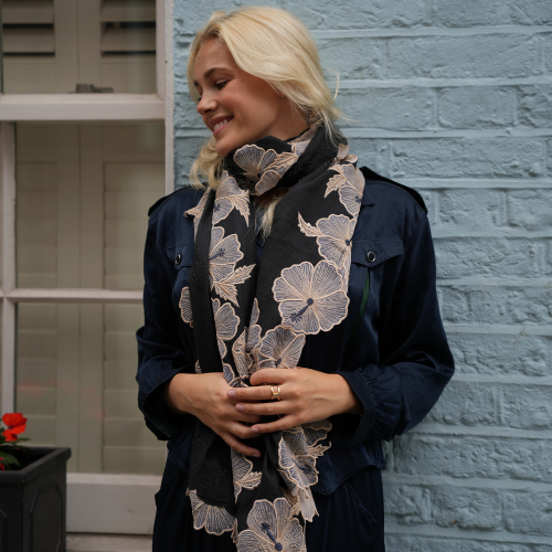 Charcoal Cashmere Scarf With Beige Hibiscus Floral Embroidery Border.