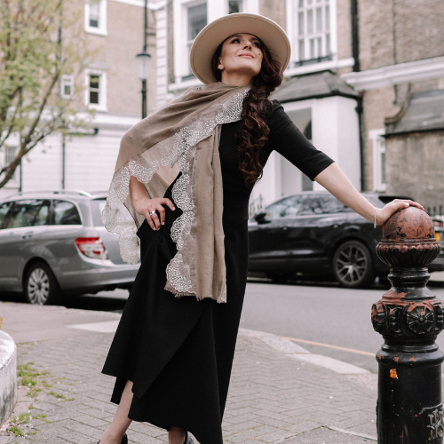 Taupe Cashmere Scarf With Ivory Pearl Embroidered Borders