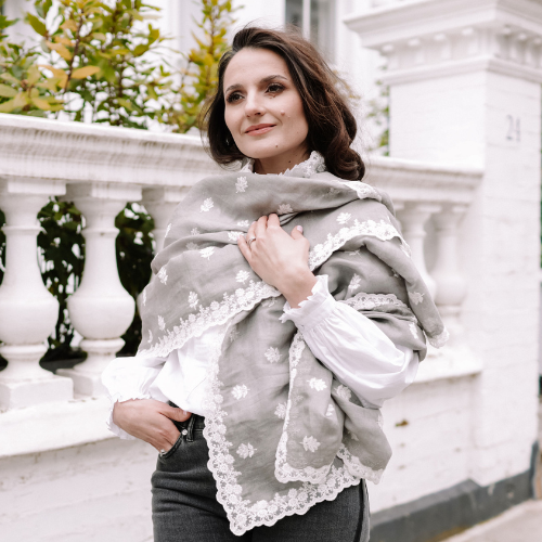 Mousse Linen and Modal Scarf with All Over Ivory Floral Embroidery and an Ivory floral Lace Border