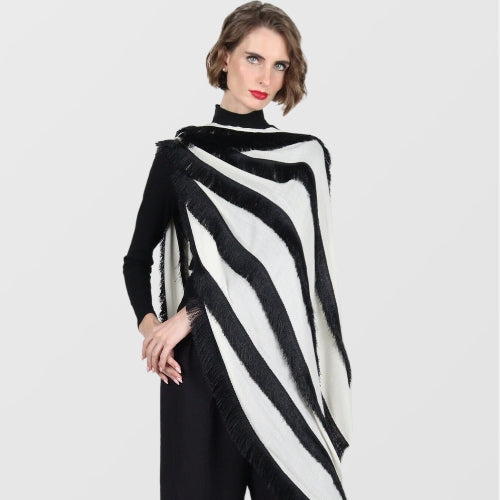 Ivory Wool And Silk Scarf With Black Fringe Panels