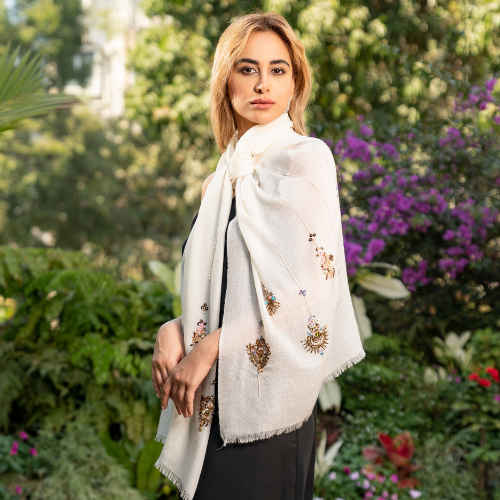 Ivory Cashmere Scarf with Metallic Bead Embroidery