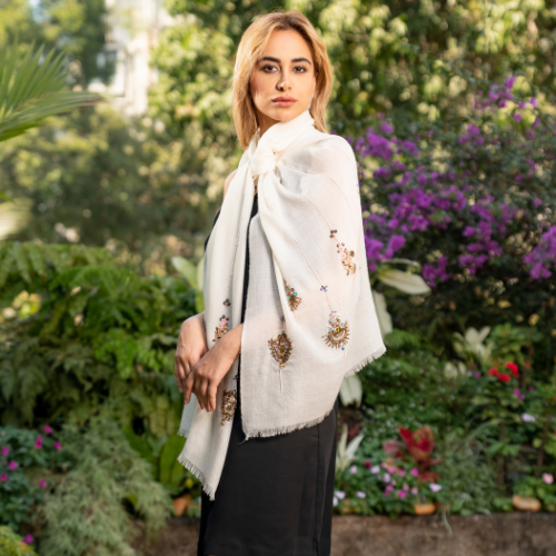 Ivory Cashmere Scarf With Metallic Bead Embroidery